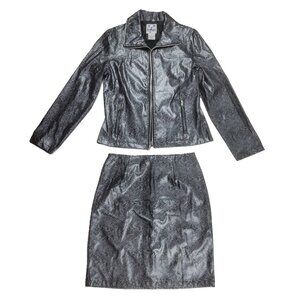 Vintage Y2K Club Kids Metallic Snake Print Moto Jacket & Skirt Set Silver Black
